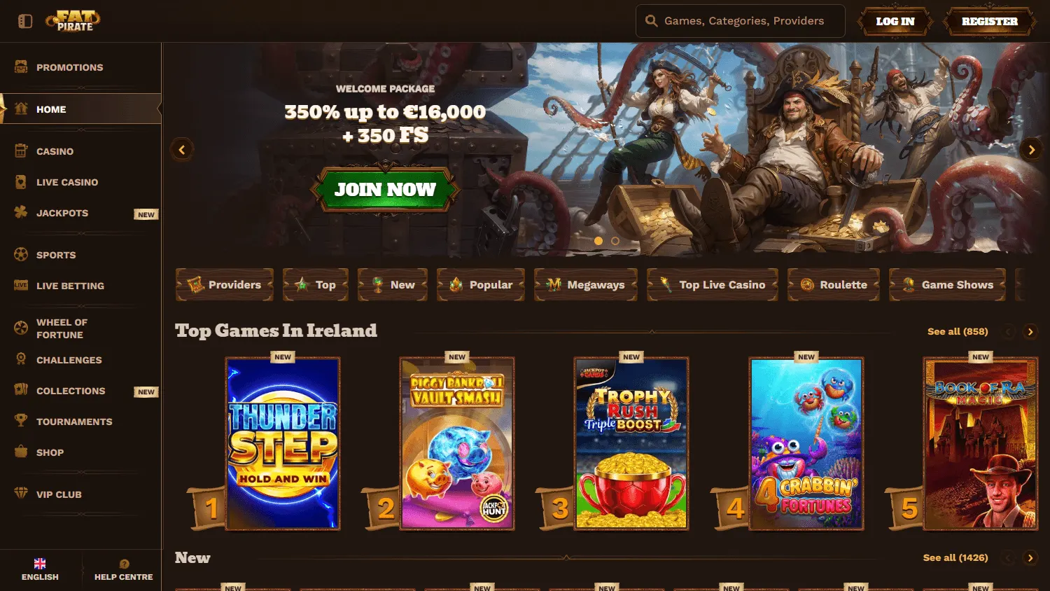 Fatpirate Casino home screen on desktop